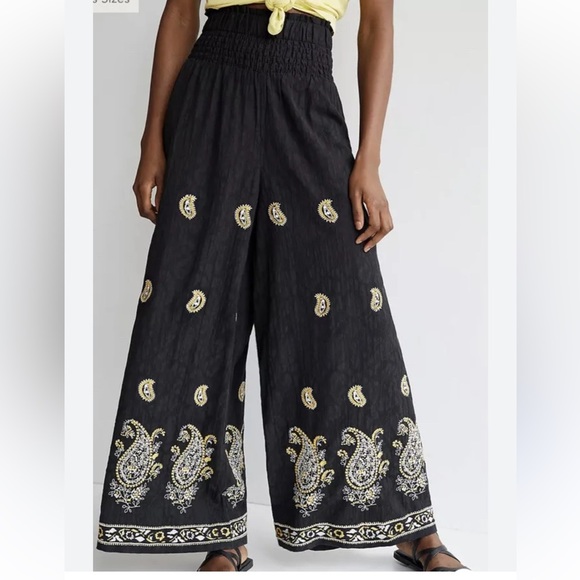 Anthropologie Pants - Anthropologie Women’s Black Boho Smocked Wide Leg Embroidered Pants Size Large